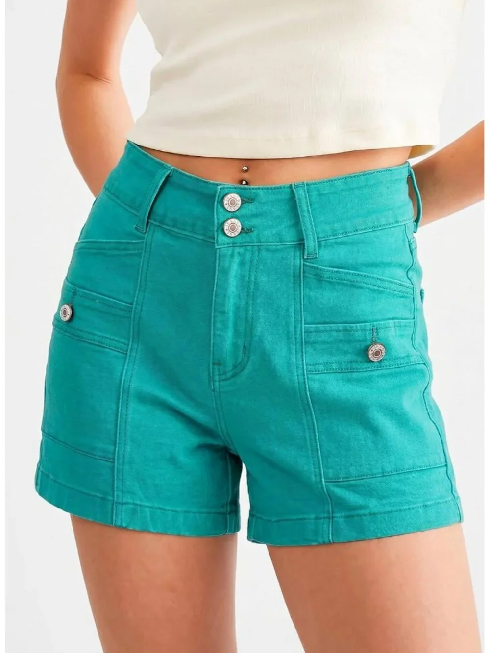 Women's Sea Green High Waisted Stretchy Shorts Double Button Denim Jean Shorts